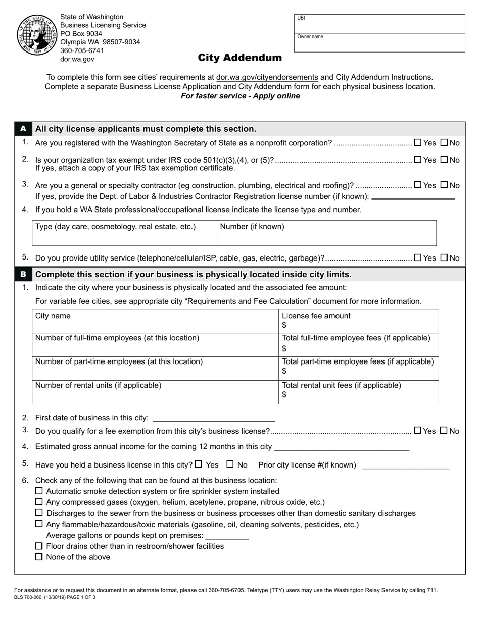 Form BLS700-060 City Addendum - Washington, Page 1