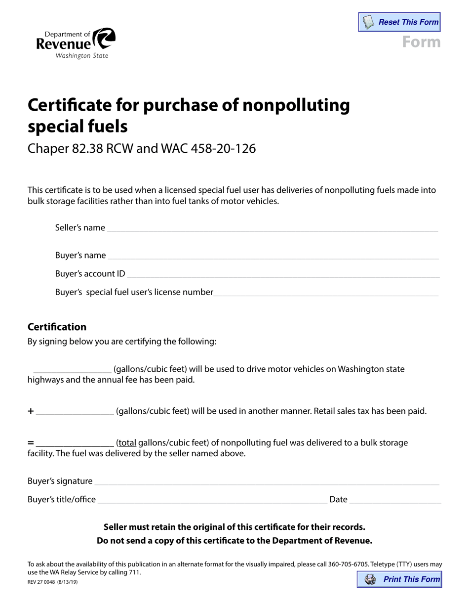 Form REV27 0048 Certificate for Purchase of Nonpolluting Special Fuels - Washington, Page 1