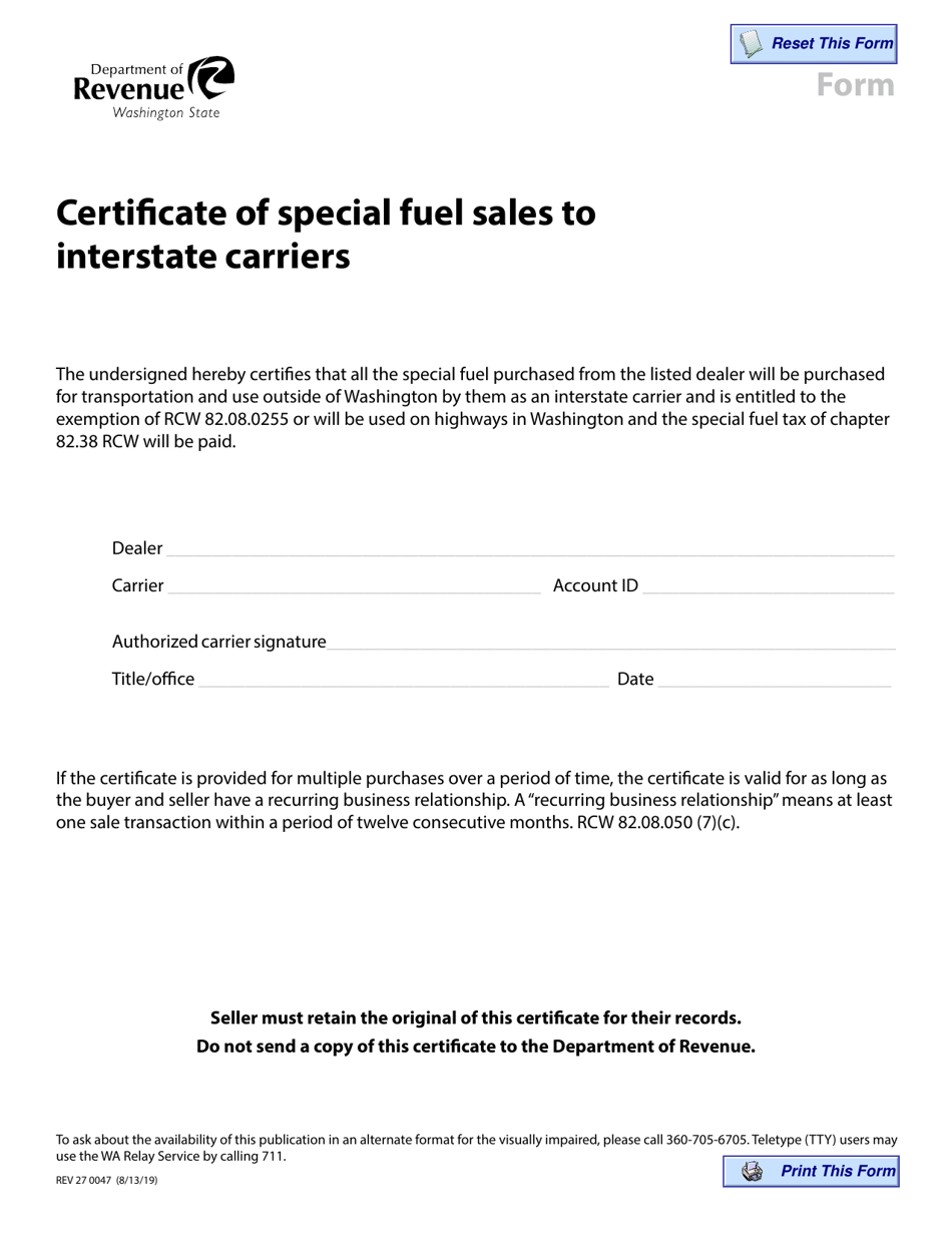 Form REV27 0047 Certificate of Special Fuel Sales to Interstate Carriers - Washington, Page 1