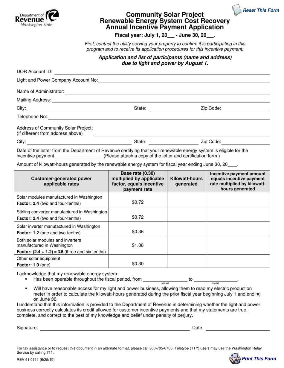 Form REV41 0111 Community Solar Project Renewable Energy System Cost Recovery Annual Incentive Payment Application - Washington, Page 1