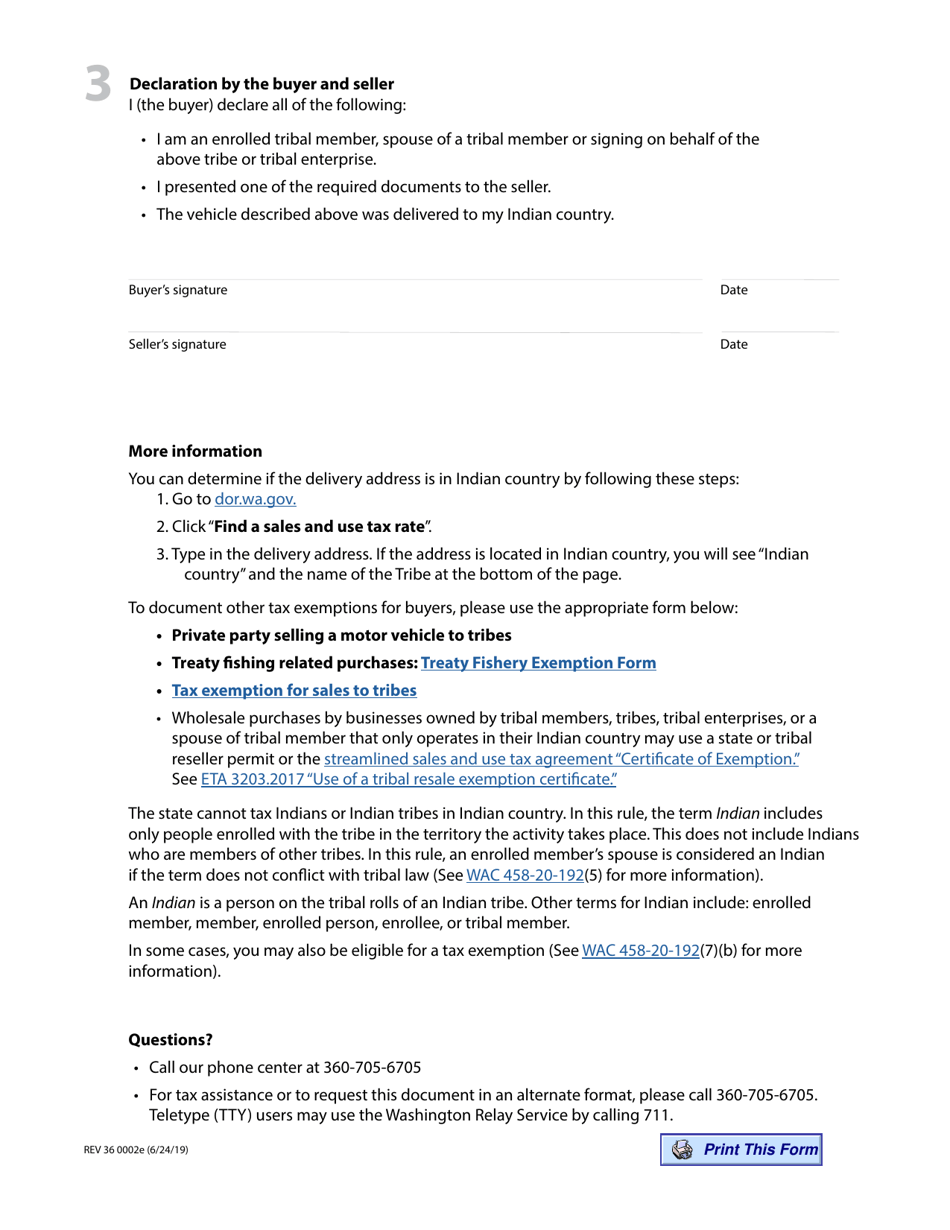 Form REV36 0002E Declaration for a Dealer Selling a Motor Vehicle to Tribes - Washington, Page 2