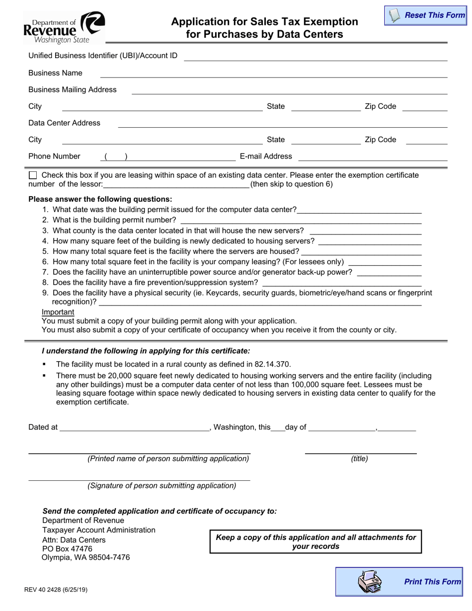 Form REV40 2428 Application for Sales Tax Exemption for Purchases by Data Centers - Washington, Page 1