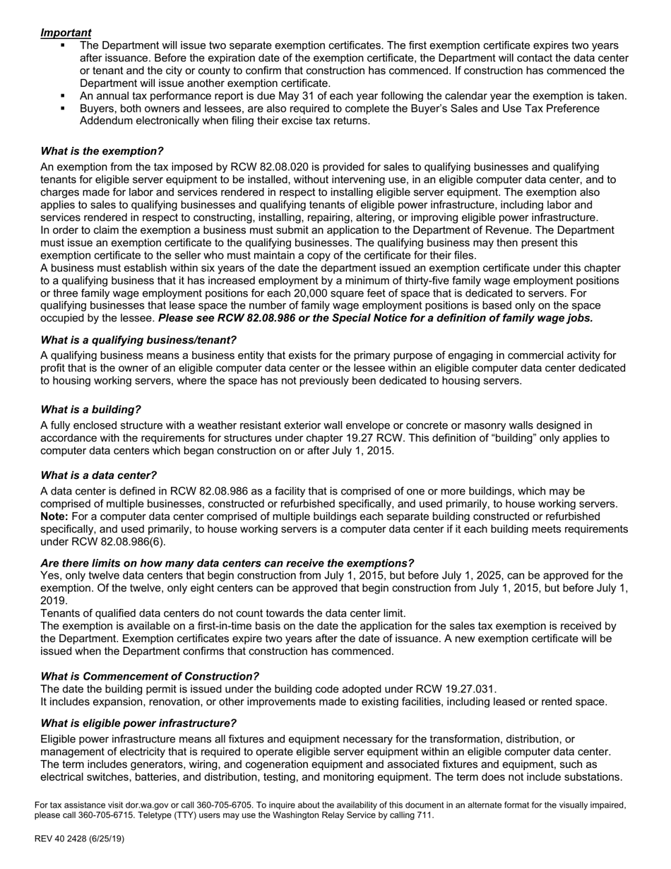 Form REV40 2428 Application for Sales Tax Exemption for Purchases by Data Centers - Washington, Page 2