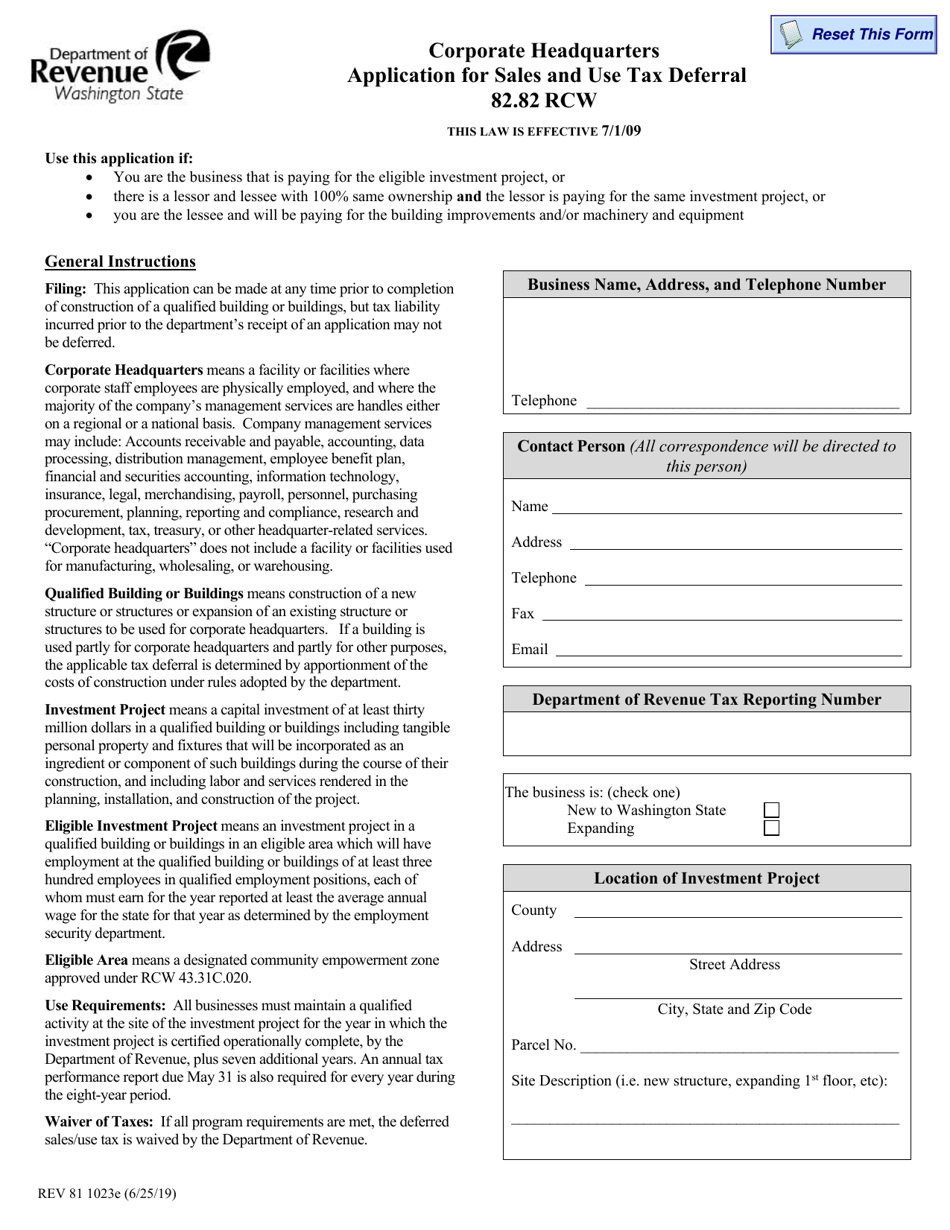 Form REV81 1023E Corporate Headquarters Application for Sales and Use Tax Deferral - Washington, Page 1