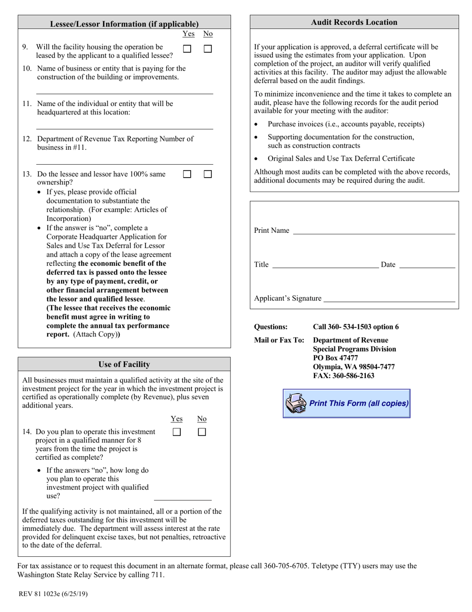 Form REV81 1023E Corporate Headquarters Application for Sales and Use Tax Deferral - Washington, Page 3