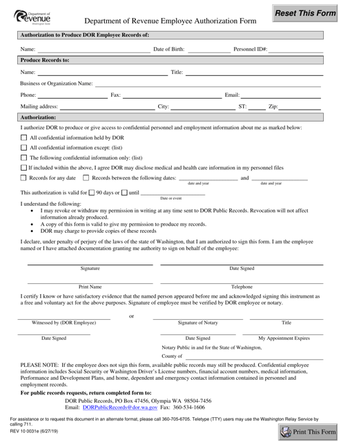 Form REV10 0031E Employee Authorization Form - Washington