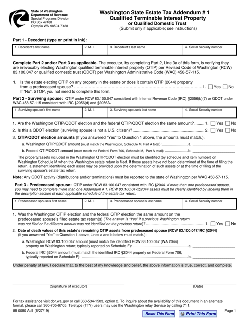 Form REV85 0050 Addendum 1  Printable Pdf