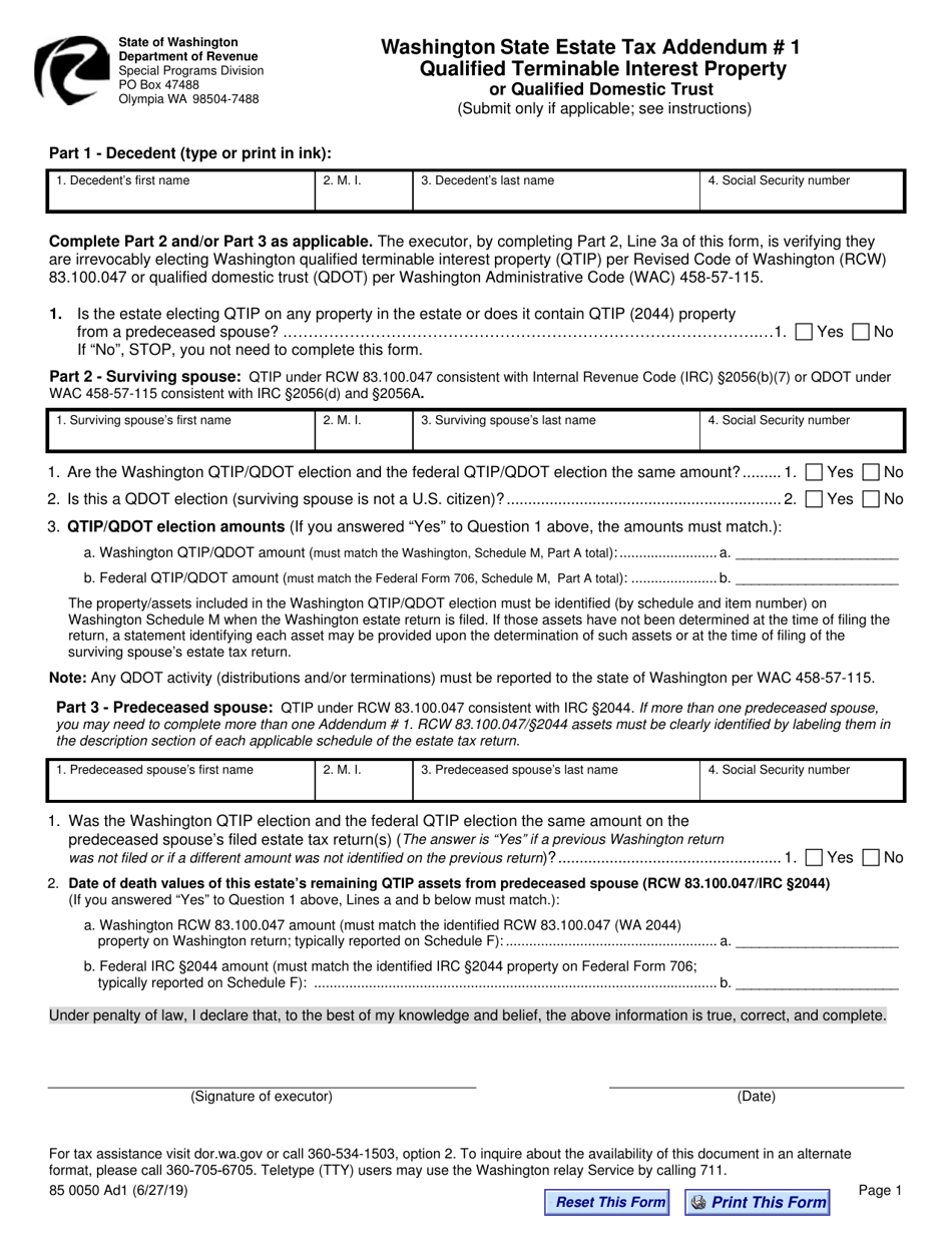 Form REV85 0050 Addendum 1 Qualified Terminable Interest Property or Qualified Domestic Trust - Washington, Page 1