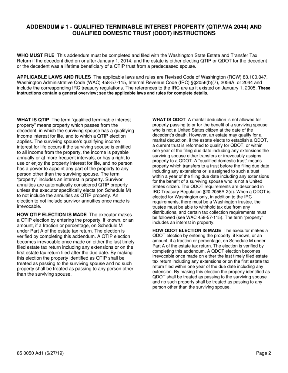 Form REV85 0050 Addendum 1 Qualified Terminable Interest Property or Qualified Domestic Trust - Washington, Page 2
