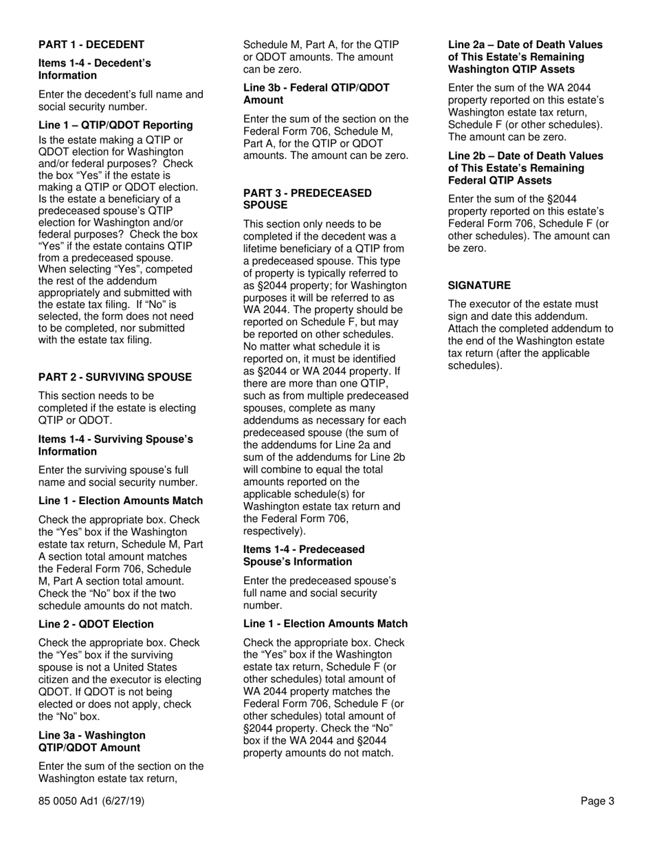 Form REV85 0050 Addendum 1 Qualified Terminable Interest Property or Qualified Domestic Trust - Washington, Page 3