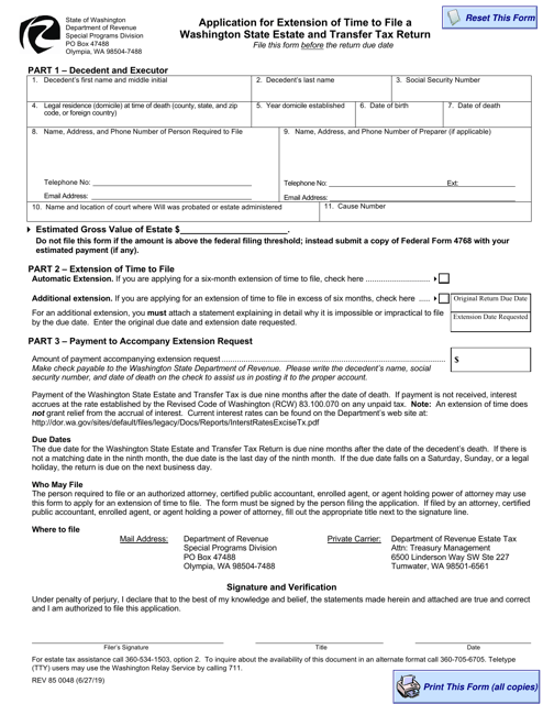 Form REV85 0048 Application for Extension of Time to File a Washington State Estate and Transfer Tax Return - Washington