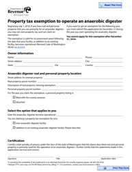 Form REV63 0029 Property Tax Exemption to Operate an Anaerobic Digester - Washington