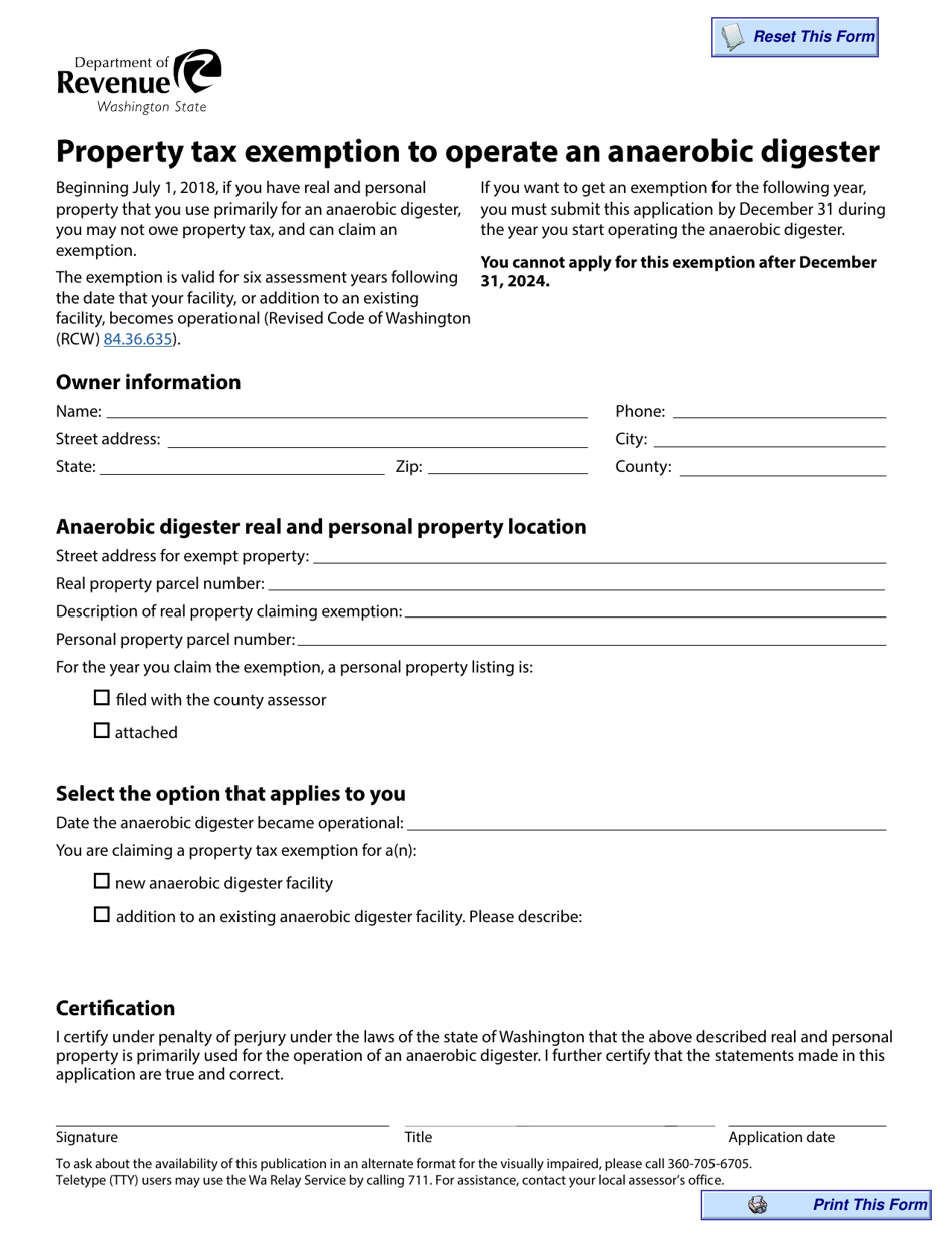 Form REV63 0029 Property Tax Exemption to Operate an Anaerobic Digester - Washington, Page 1