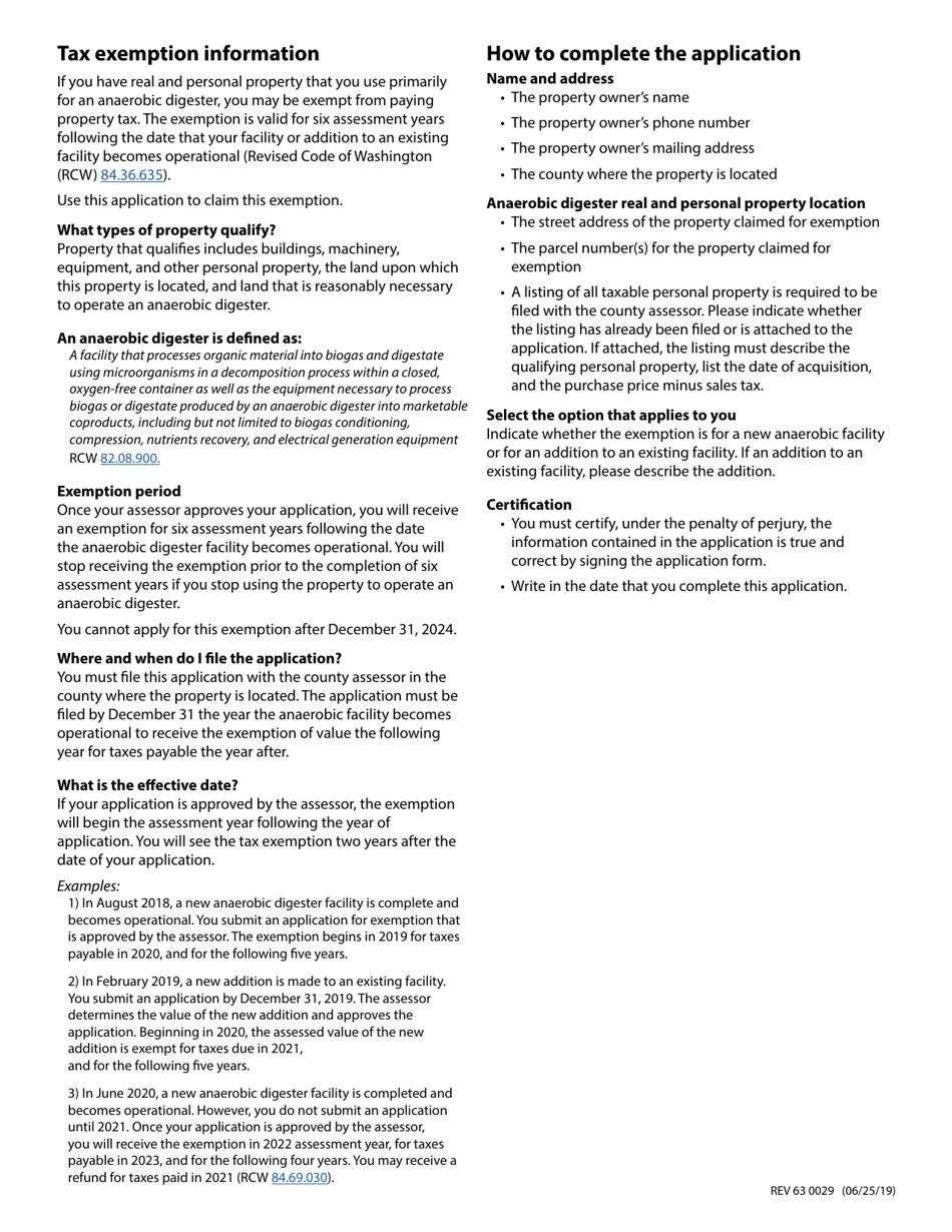 Form REV63 0029 Property Tax Exemption to Operate an Anaerobic Digester - Washington, Page 2
