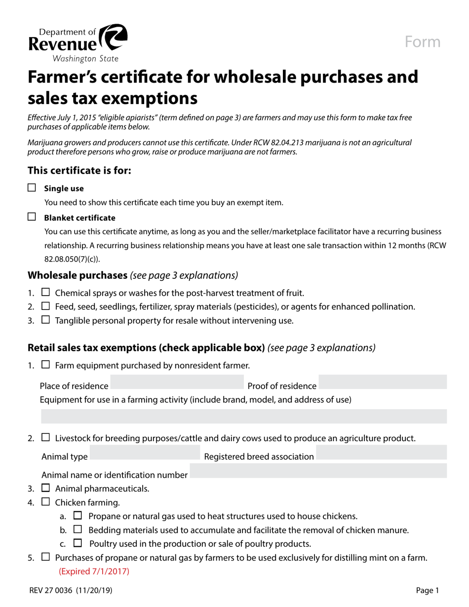 Form REV27 0036 Download Fillable PDF or Fill Online Farmer's Certificate for Wholesale