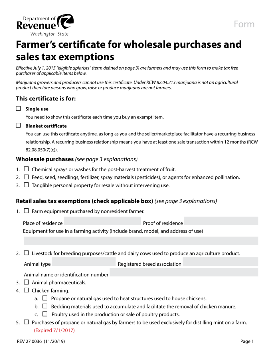 Form REV27 0036 Farmers Certificate for Wholesale Purchases and Sales Tax Exemptions - Washington, Page 1