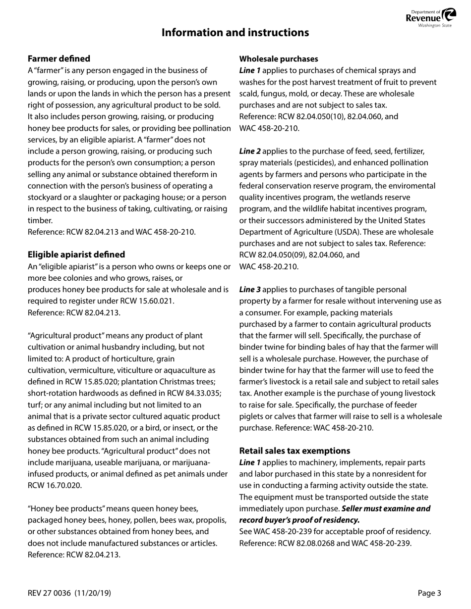 Form REV27 0036 Farmers Certificate for Wholesale Purchases and Sales Tax Exemptions - Washington, Page 3