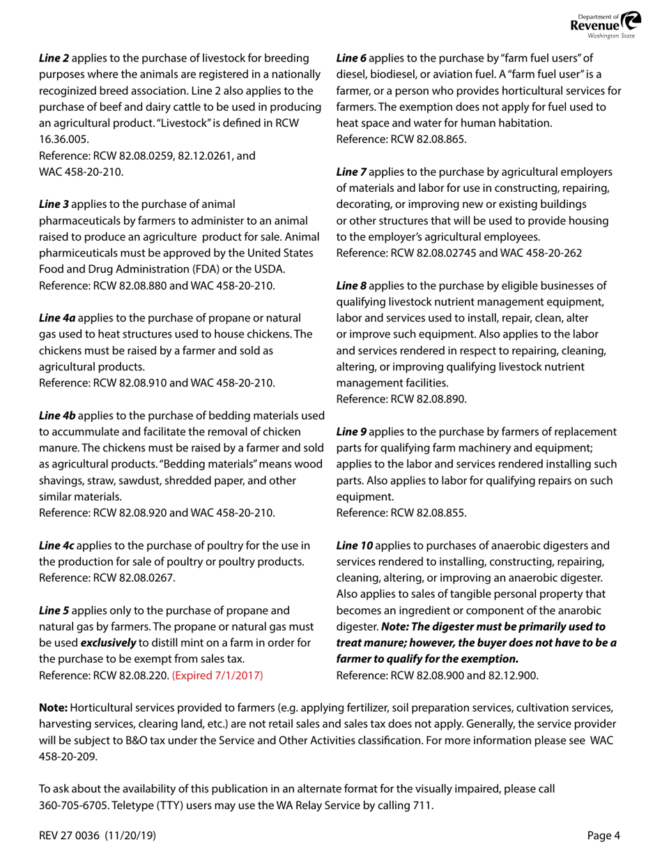 Form REV27 0036 Farmers Certificate for Wholesale Purchases and Sales Tax Exemptions - Washington, Page 4