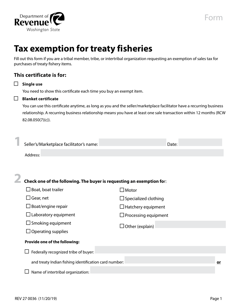 Form REV27 0036 Tax Exemption for Treaty Fisheries - Washington, Page 1