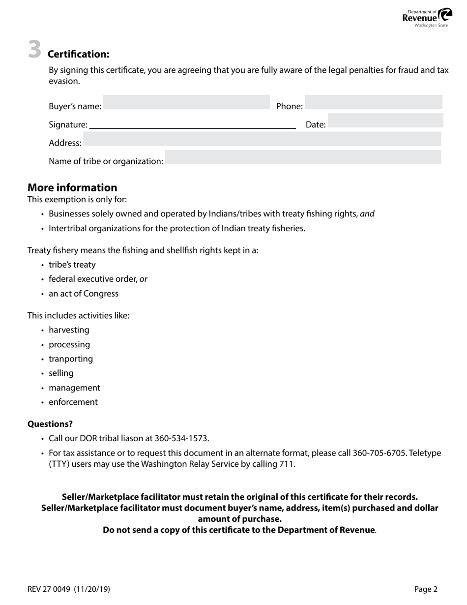 Form REV27 0036 Tax Exemption for Treaty Fisheries - Washington, Page 2