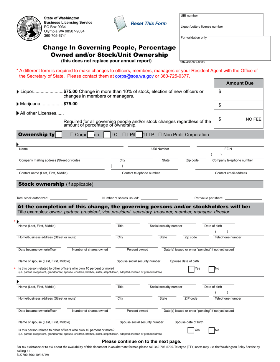 Form BLS700-306 Change in Governing People, Percentage Owned and / or Stock / Unit Ownership - Washington, Page 1
