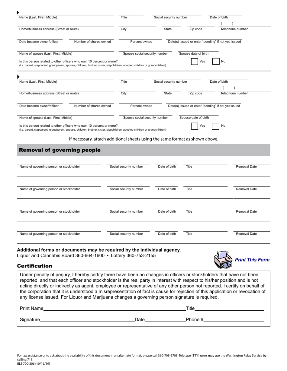 Form BLS700-306 Change in Governing People, Percentage Owned and / or Stock / Unit Ownership - Washington, Page 2