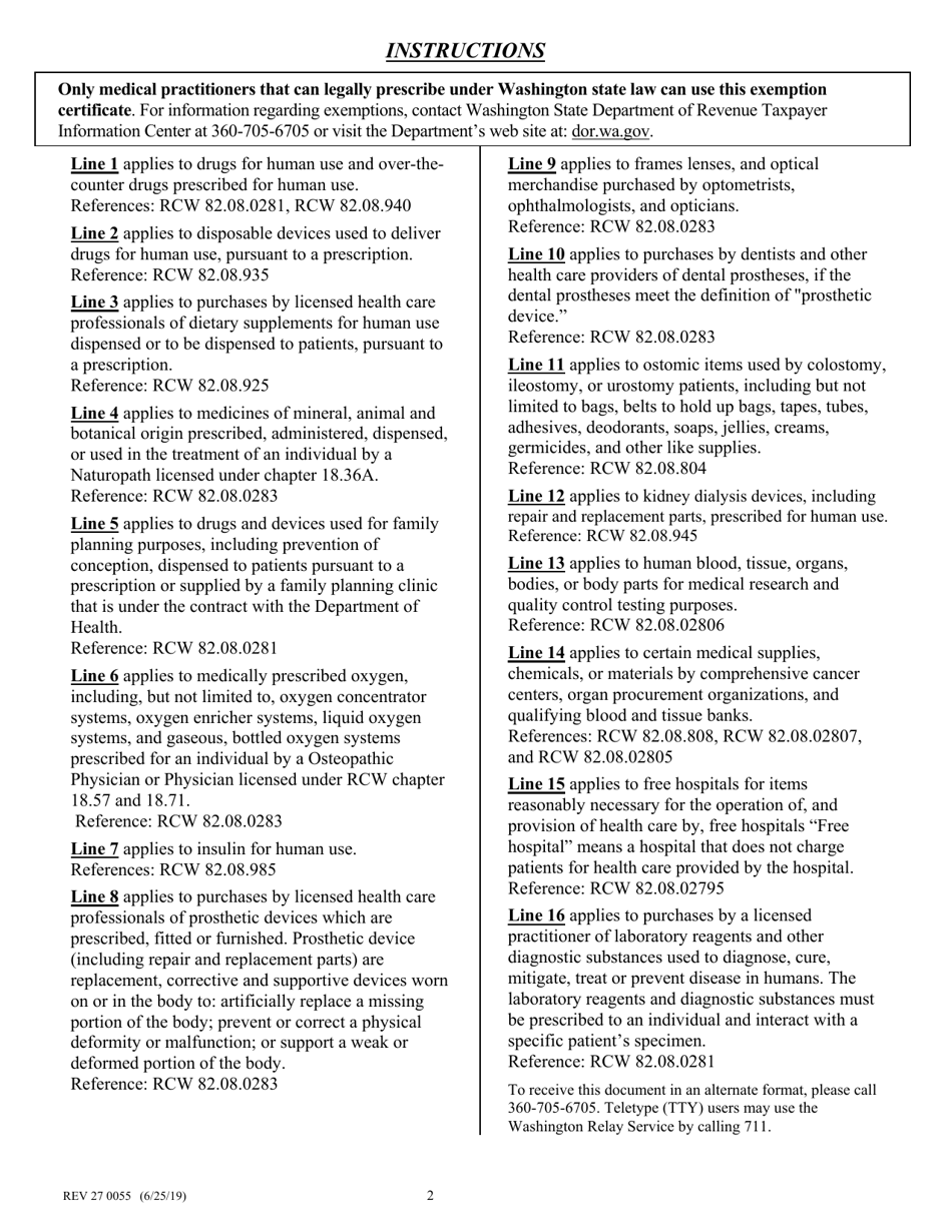 Form REV27 0055 Sales Tax Exemption Certificate for Health Care Providers - Washington, Page 2