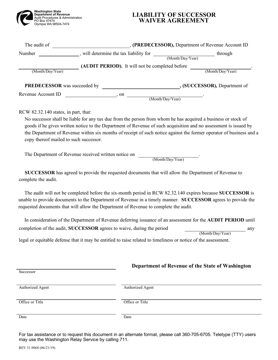 Form REV31 0068 Liability of Successor Waiver Agreement - Washington, Page 1