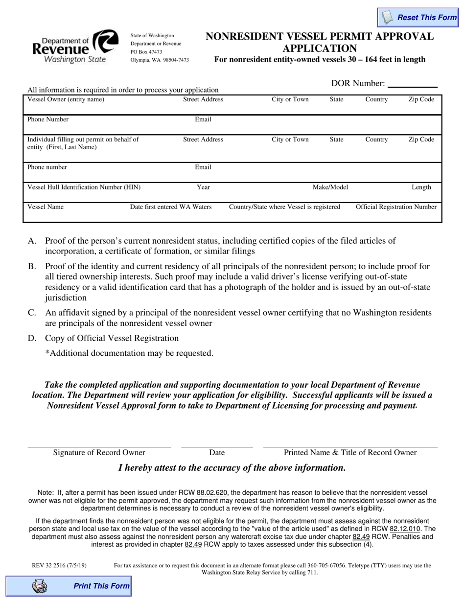 Form REV32 2516 Nonresident Vessel Permit Approval Application - Washington, Page 1