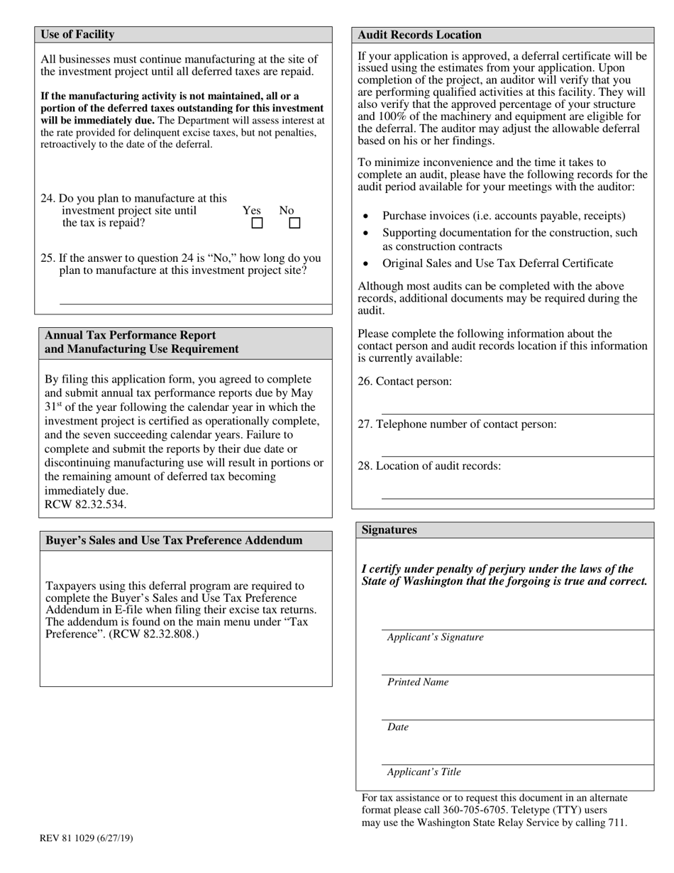 Form REV81 1029 Manufacturers Application for Sales and Use Tax Deferral - Washington, Page 4