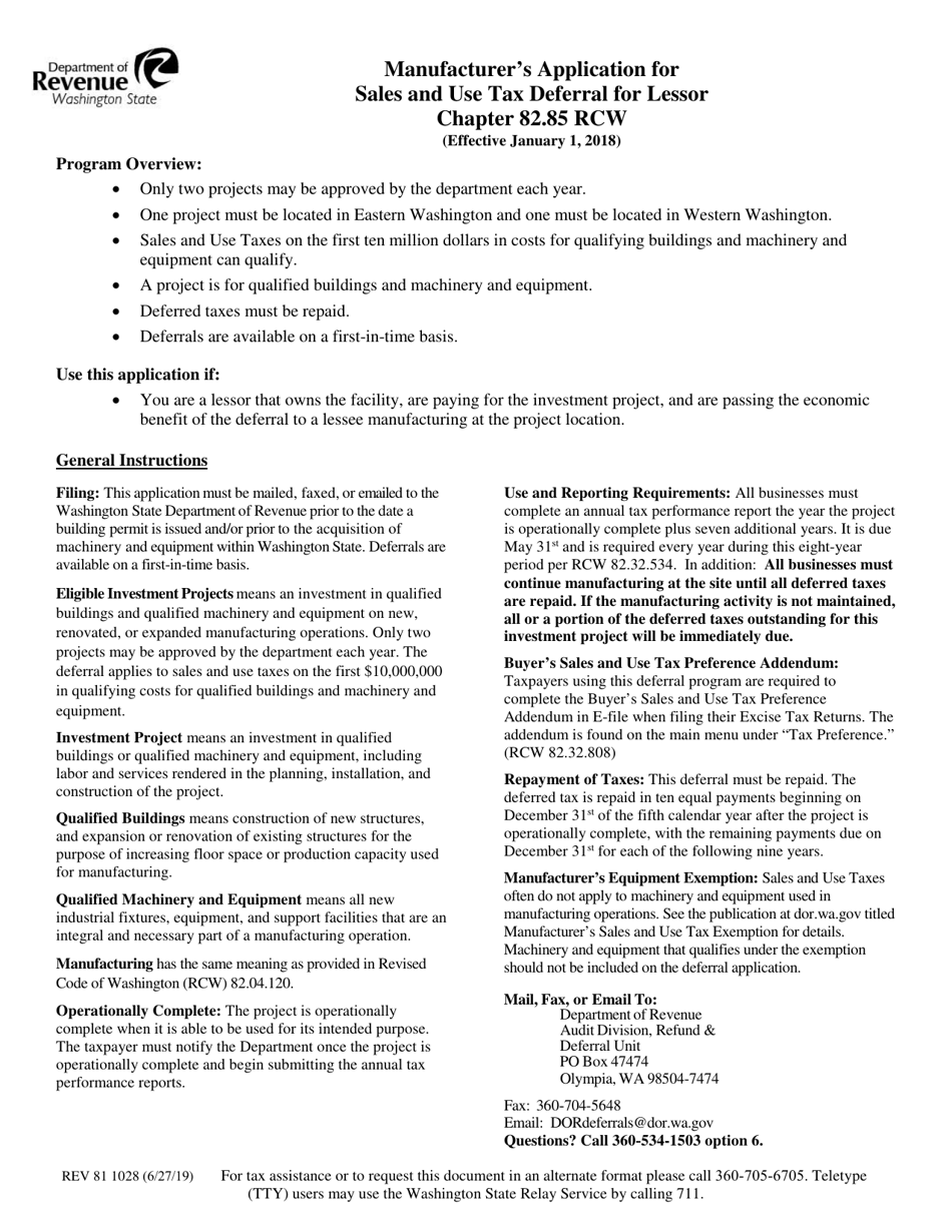 Form REV81 1028 Manufacturers Application for Sales and Use Tax Deferral for Lessor - Washington, Page 1