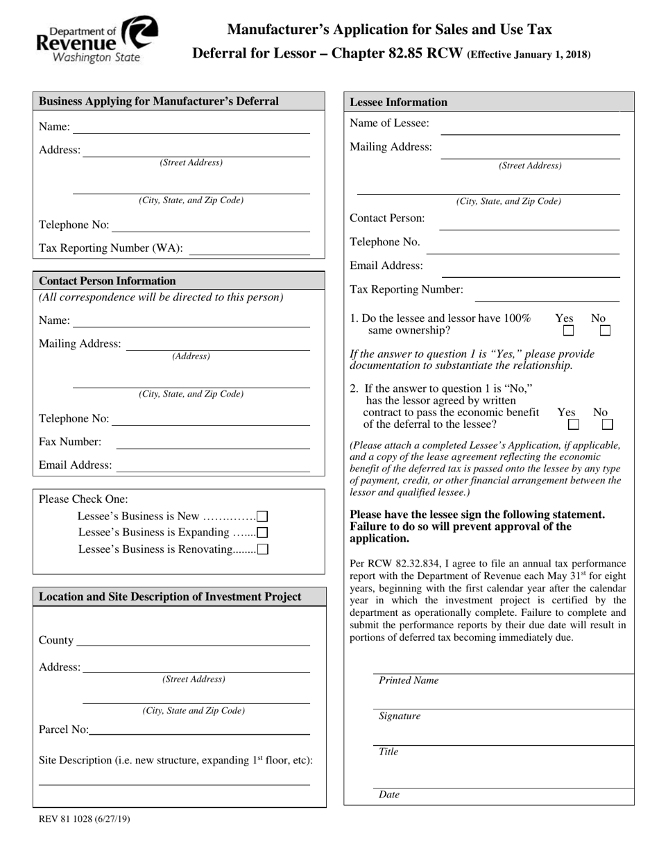 Form REV81 1028 Manufacturers Application for Sales and Use Tax Deferral for Lessor - Washington, Page 2