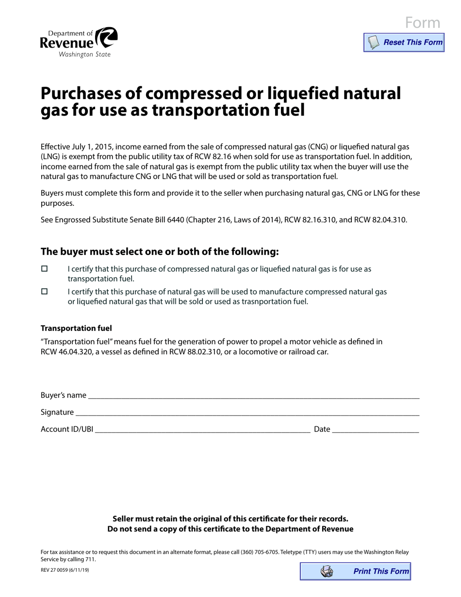 Form REV27 0059 Purchases of Compressed or Liquefied Natural Gas for Use as Transportation Fuel - Washington, Page 1