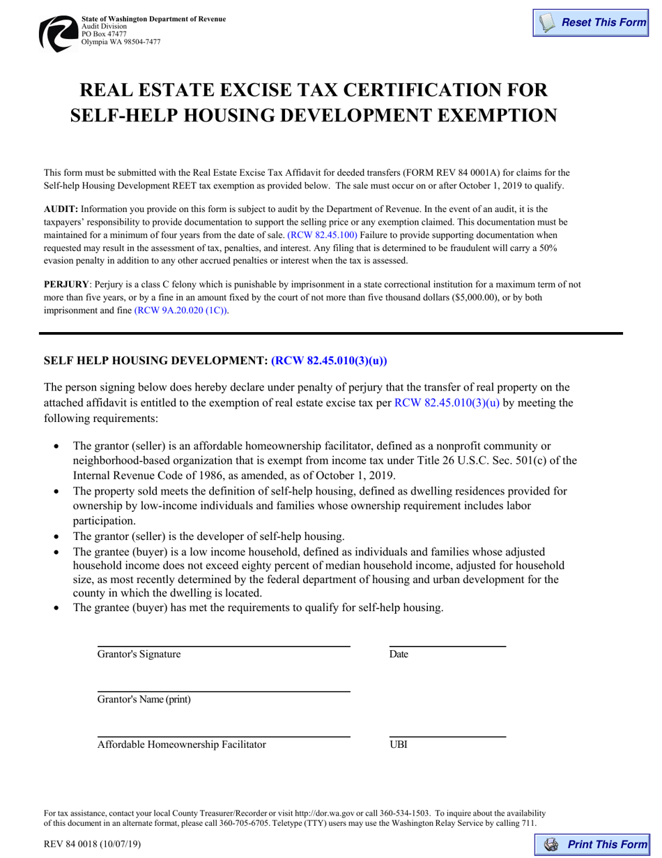 Form REV84 0018 Real Estate Excise Tax Certification for Self-help Housing Development Exemption - Washington, Page 1