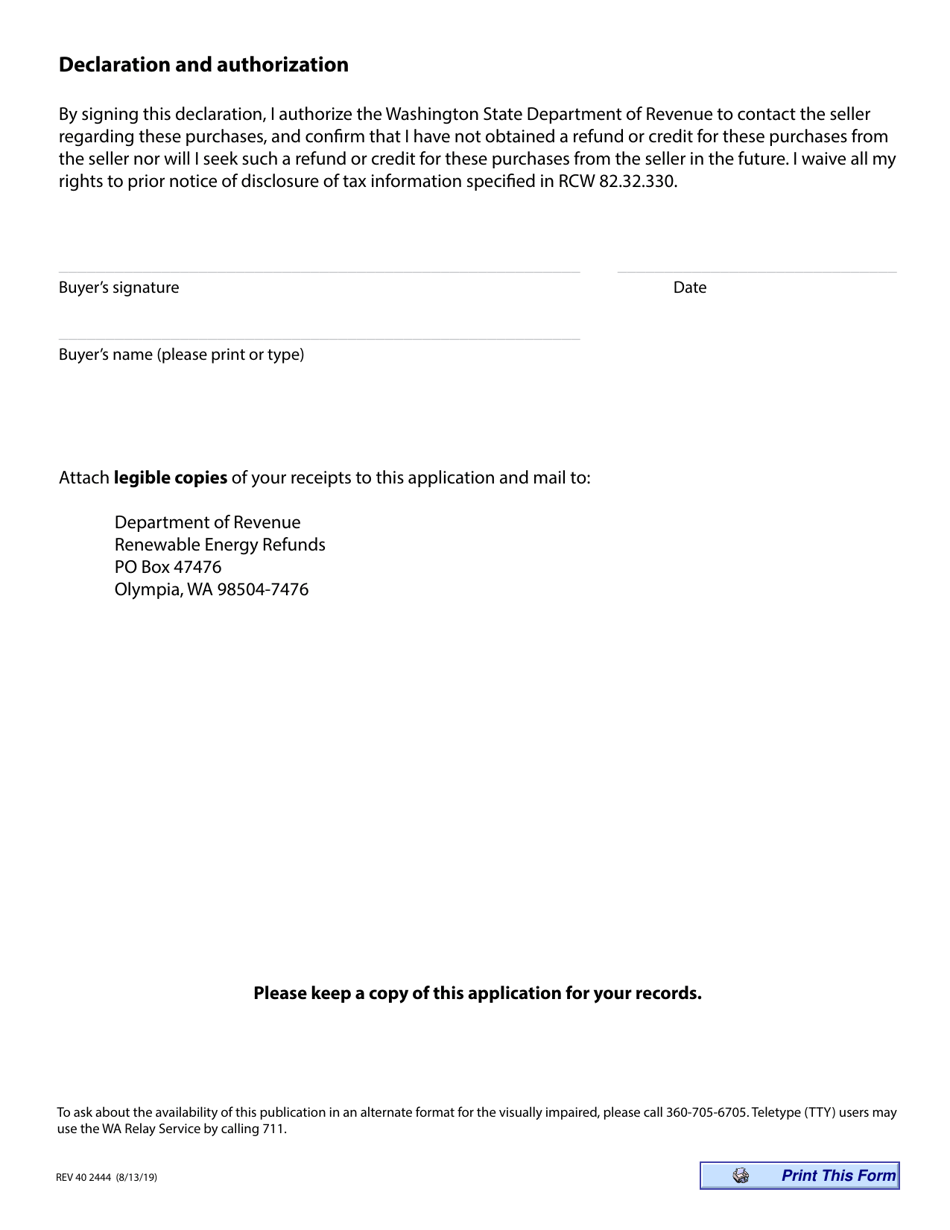 Form REV40 2444 Application for Sales Tax Refund on Purchases  Installation of Qualified Renewable Energy Equipment - Washington, Page 2