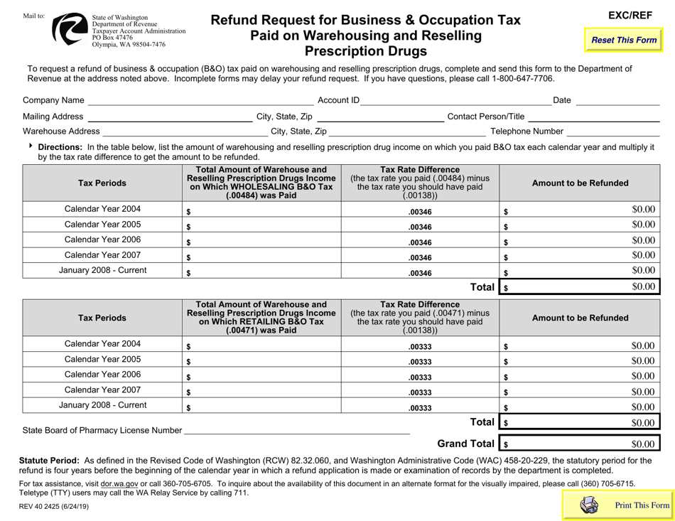 Form REV40 2425 Refund Request for Business  Occupation Tax Paid on Warehousing and Reselling Prescription Drugs - Washington, Page 1