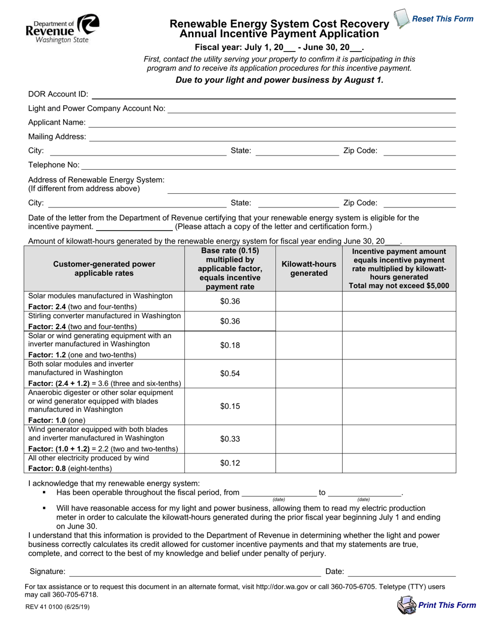 Form REV41 0100 Renewable Energy System Cost Recovery Annual Incentive Payment Application - Washington, Page 1