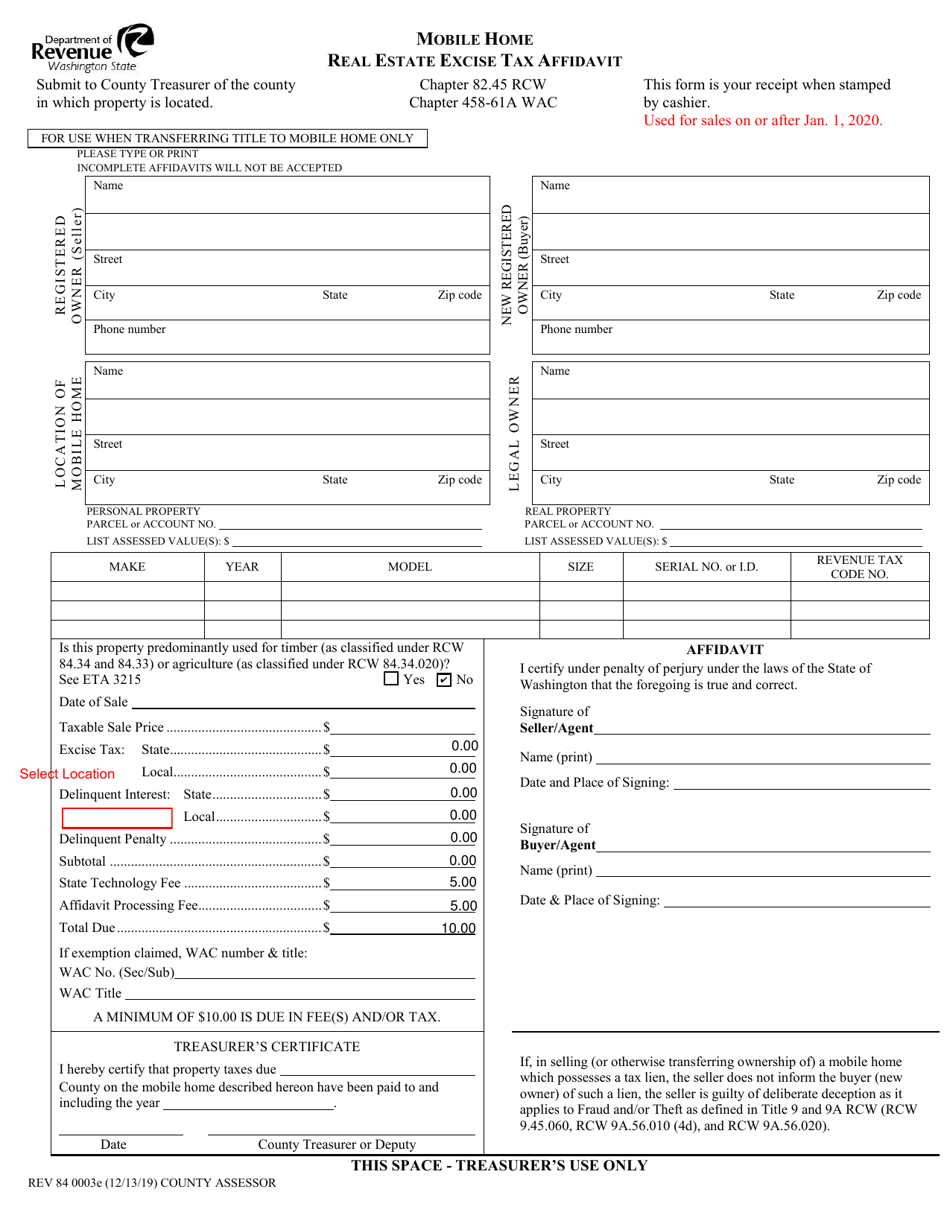 Form REV84 0003E Mobile Home Real Estate Excise Tax Affidavit - Washington, Page 2