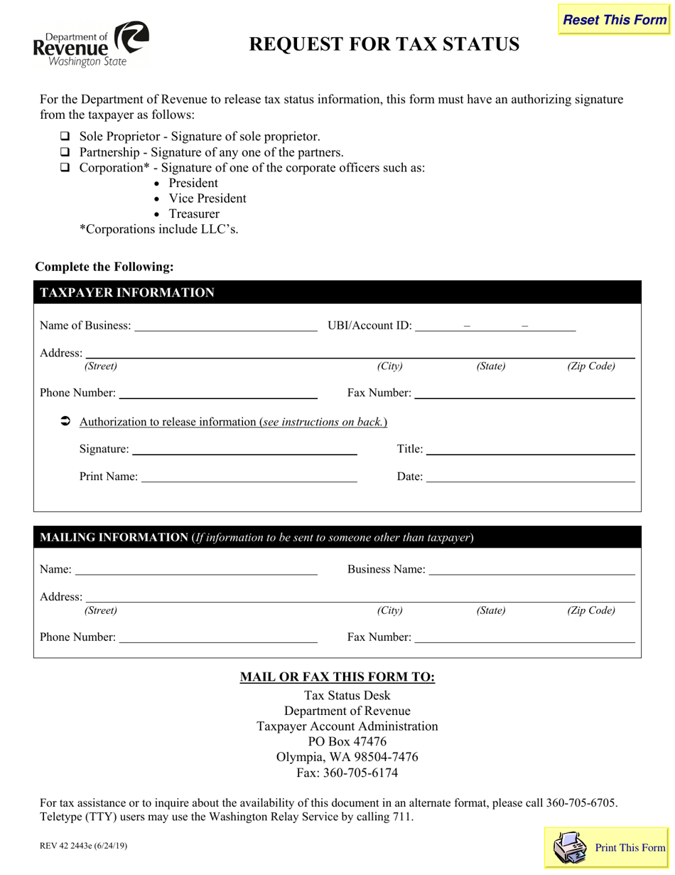 Form REV42 2443E Request for Tax Status - Washington, Page 1