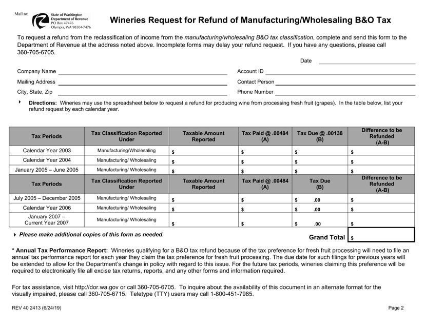 Form REV40 2413 Wineries Request for Refund of Manufacturing/Wholesaling B&o Tax - Washington