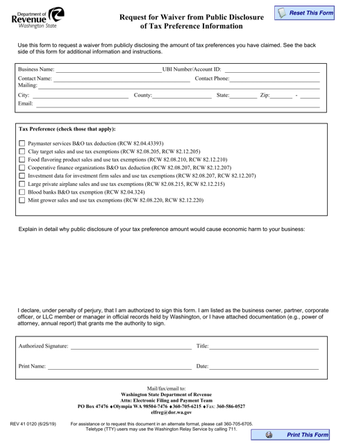 Form REV41 0120 Request for Waiver From Public Disclosure of Tax Preference Information - Washington