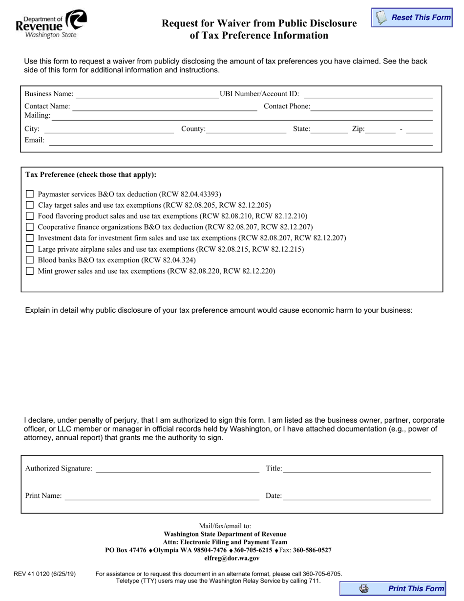 Form REV41 0120 Request for Waiver From Public Disclosure of Tax Preference Information - Washington, Page 1