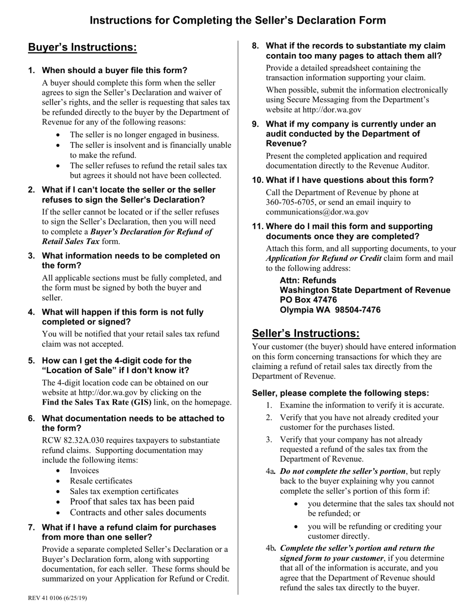 Form REV41 0106 Sellers Declaration for Buyers Refund of Retail Sales Tax - Washington, Page 2