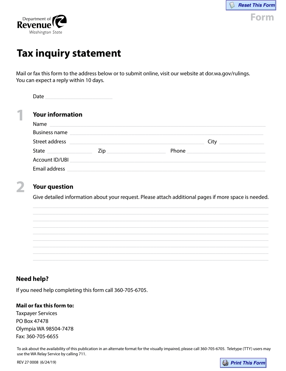 Form REV27 0008 Tax Inquiry Statement - Washington, Page 1