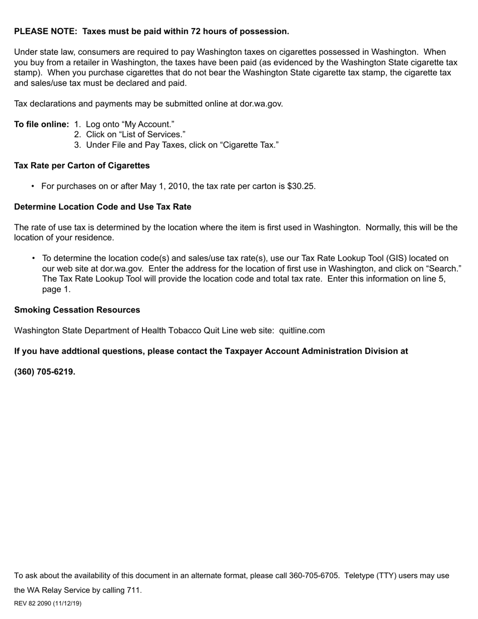 Form REV82 2090 Tax Declaration for Cigarettes - Washington, Page 2