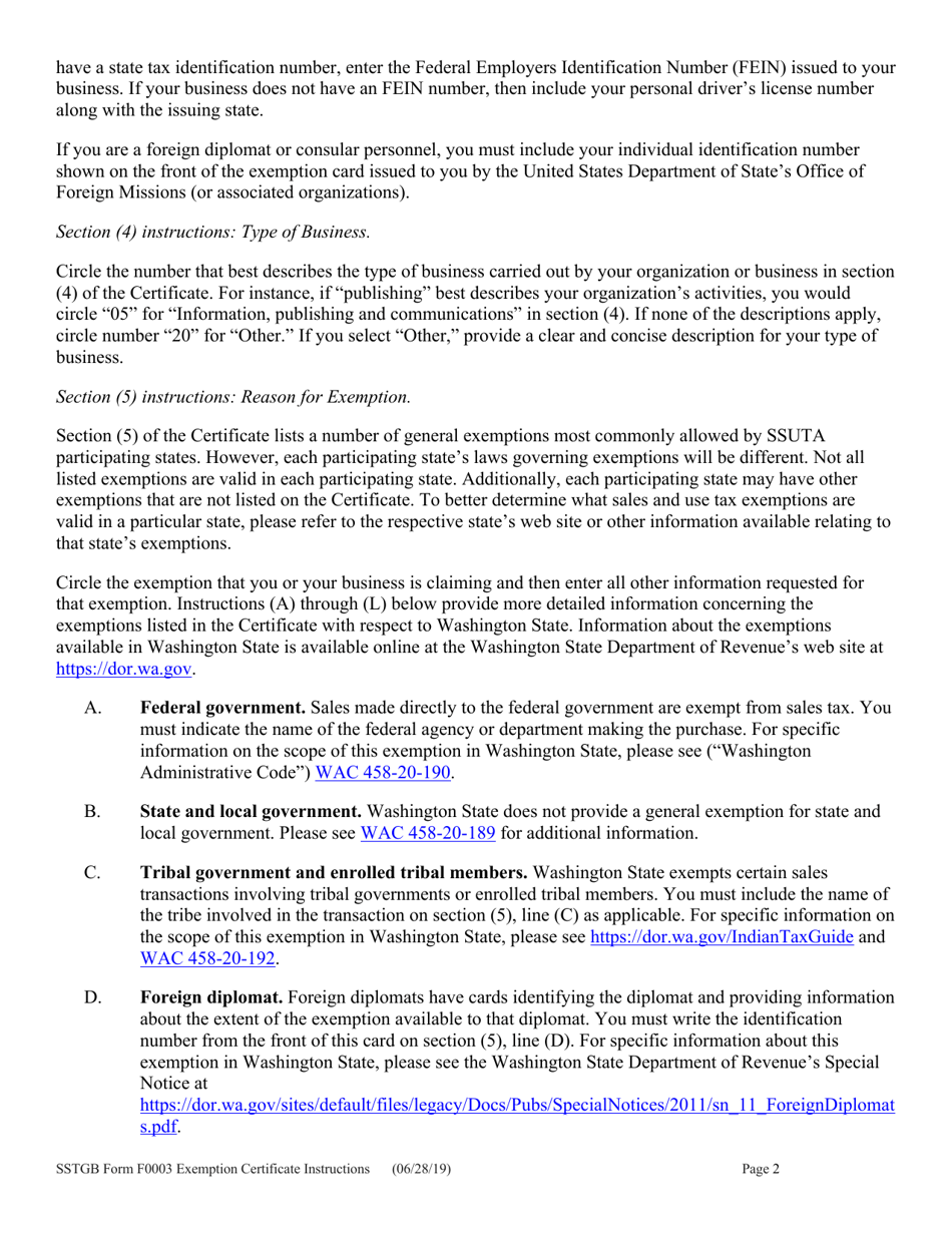 SSTGB Form F0003 Streamlined Sales and Use Tax Exemption Certificate - Washington, Page 4