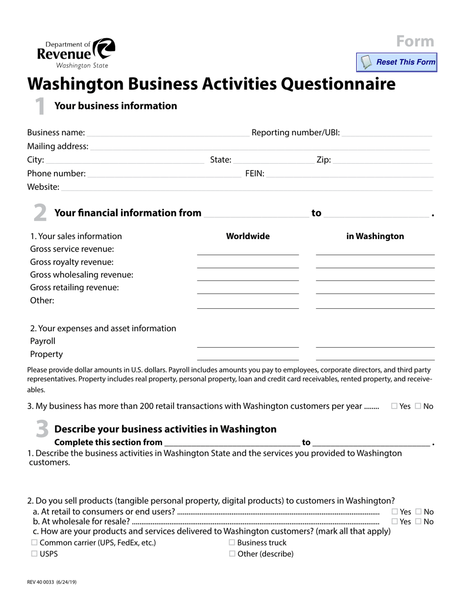 Form REV40 0033 Washington Business Activities Questionnaire - Washington, Page 1