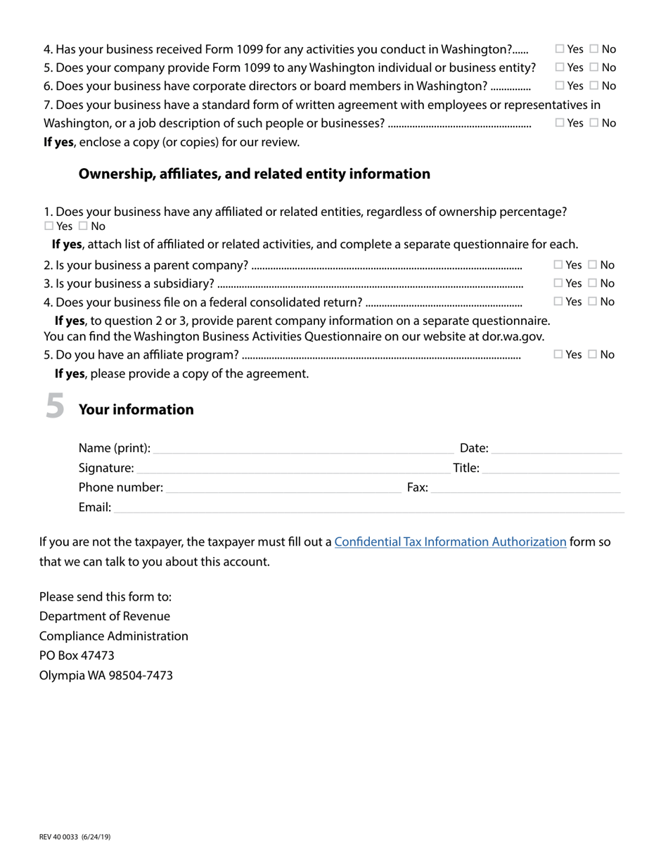Form REV40 0033 Washington Business Activities Questionnaire - Washington, Page 4