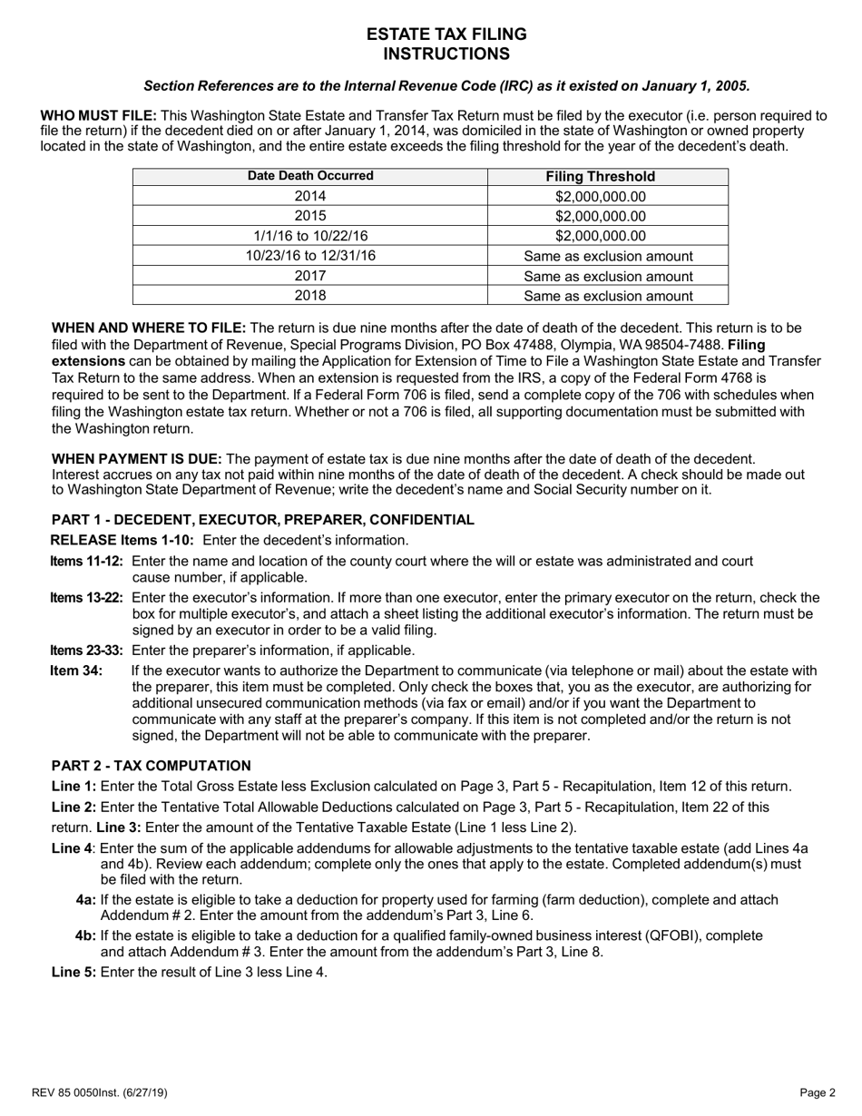 Instructions for Form REV85 0050 Estate and Transfer Tax Return - Washington, Page 1