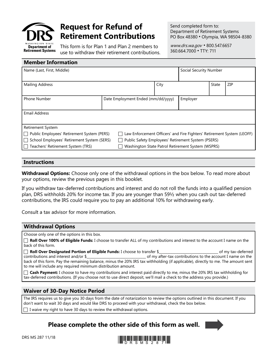 Form DRS MS287 Request for Refund of Retirement Contributions - Washington, Page 7